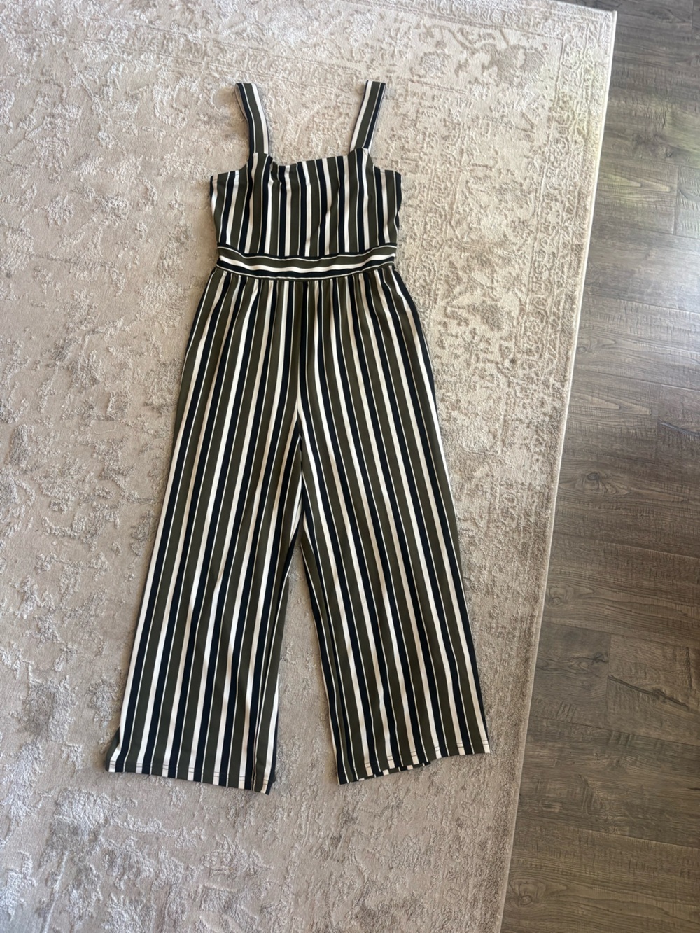 Express Olive and White Striped Women's Cropped Jumpsuit